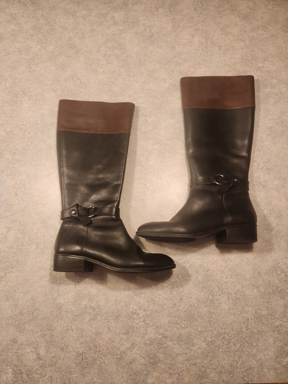 Lauren Ralph Lauren Black Leather Knee Boots with Brown Cuff